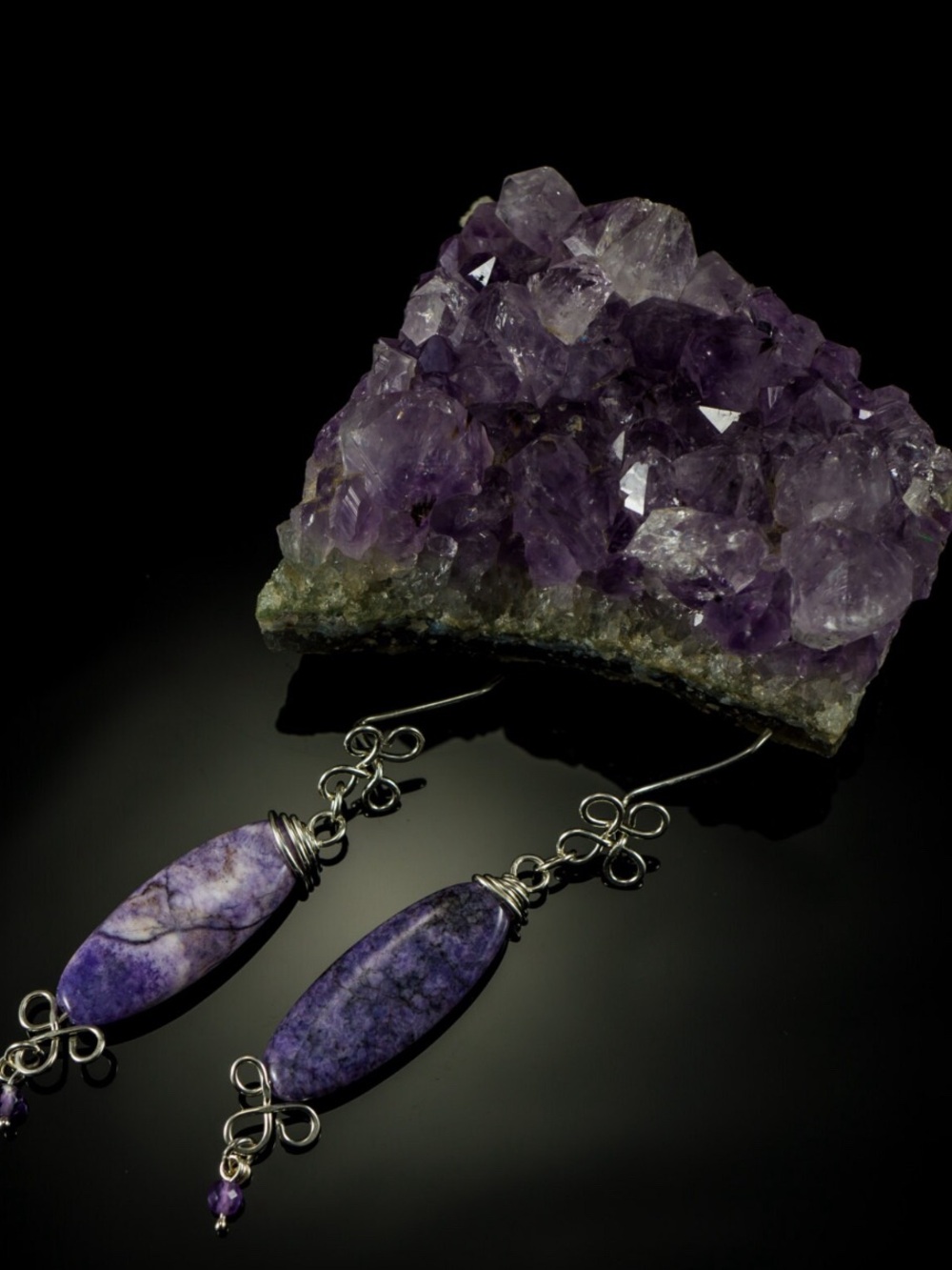 Purple agate and amethyst drop Earrings.  Custom unique design